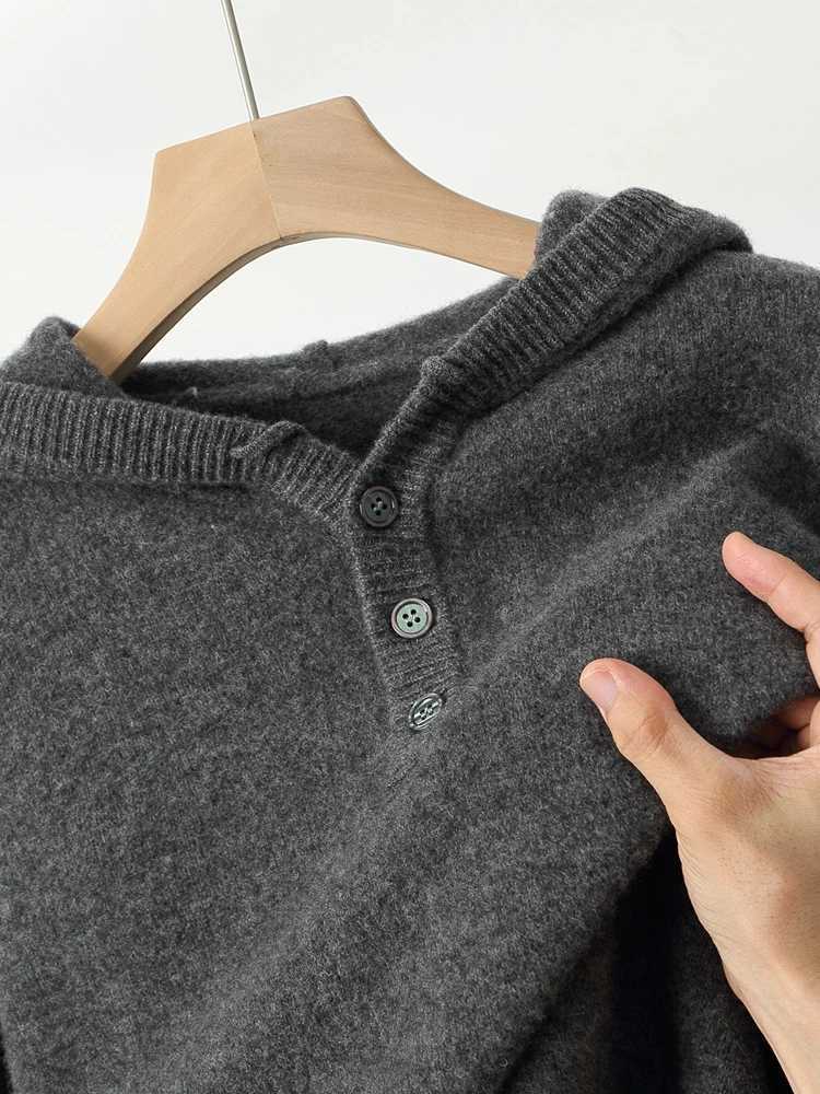 100 Merino Wool Sweater Men Hooded Pullover Autumn Winter 3 Buttons Classic Casual Knitwear Drawstring Solid Thick Clothing TopZ250918