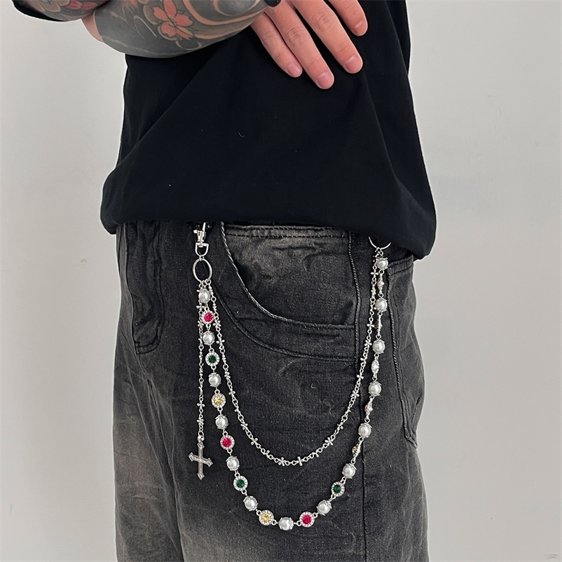 Salircon Exquisite Cross Pendant Imitation Pearl Keychain Belt Chain Men Women Punk Trousers Jeans Chain HipHop Jewelry 250917 - view 3
