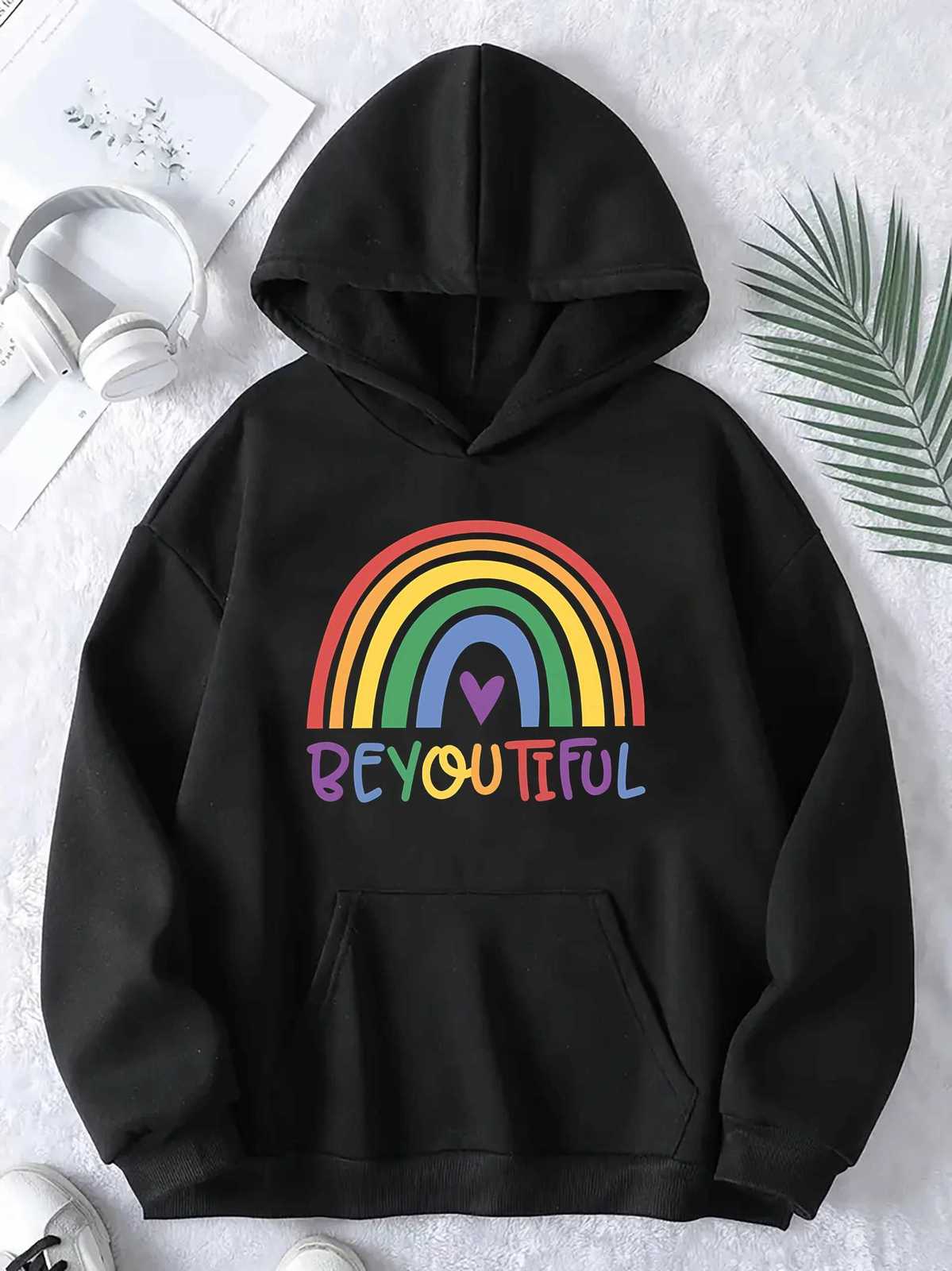 Womens Hoodie with Beautiful Rainbow Beyoutiful Print 2025 New Autumn Winter Top Hooded Long Sleeved Womens Casual ClothingZ250918