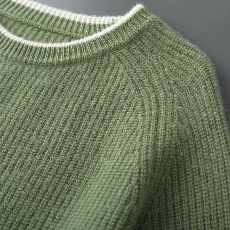 100Merino Wool Knitted Sweater Mens ONeck Loose Ingot Needle Pullovers Fashion Color Matching LongSleeved Tops Thicken ShirtZ250918