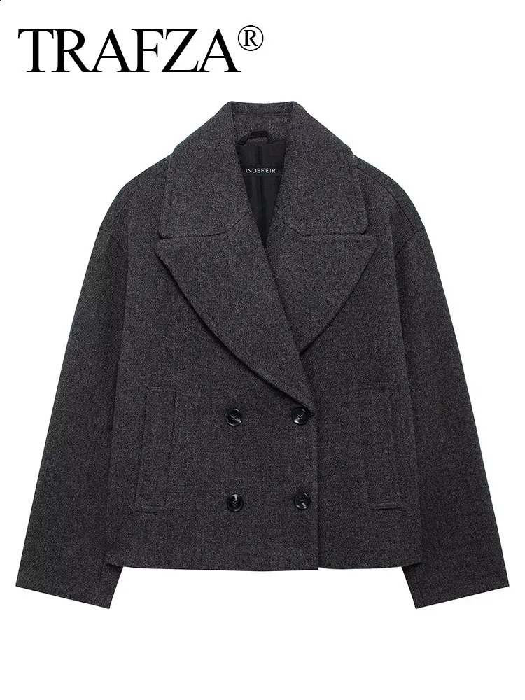 TRAFZA Elegant Womens Loose Woolen Short Overcoat 2025 Autumn Female Double Breasted Long Sleeve Lapel Collar Chic Outerwear 250918