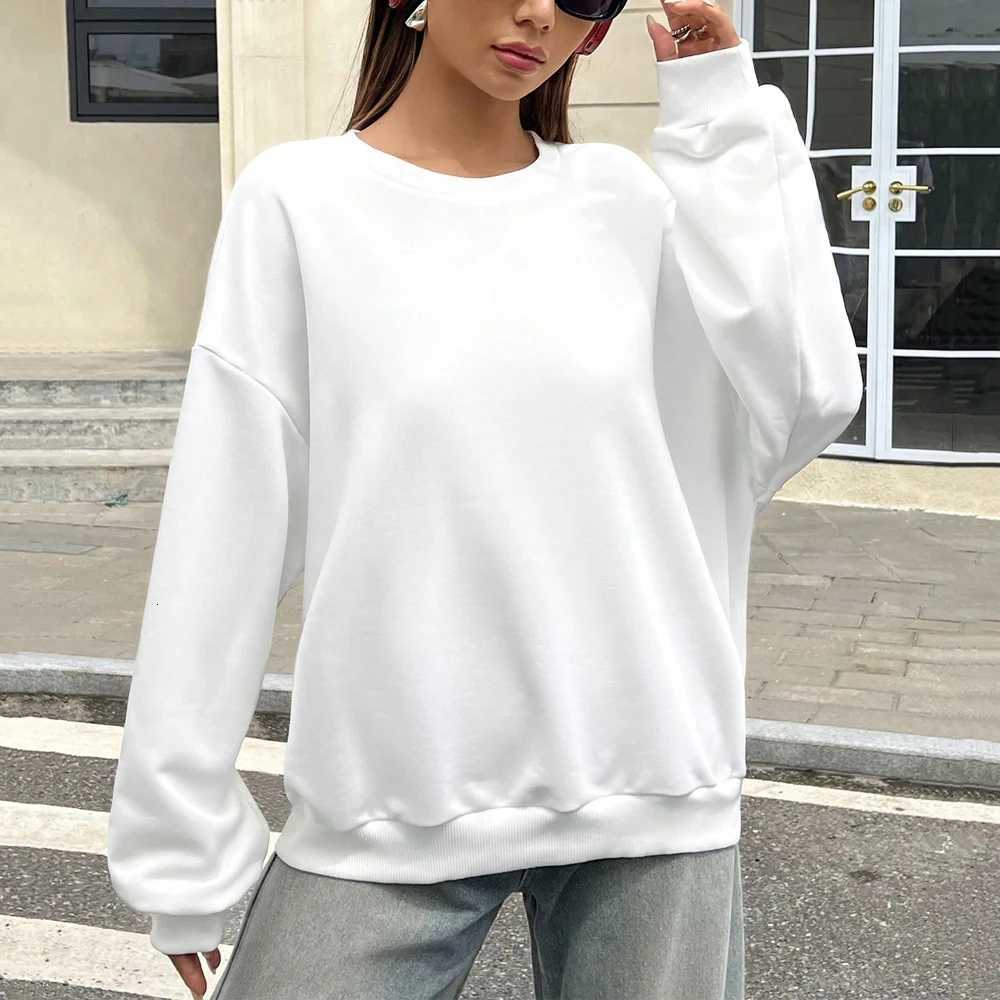Womens autumn and Winter white sportswear pullover loose casual top New Casual Solid Color Long Sleeve Crewneck SweatshirtZ250918