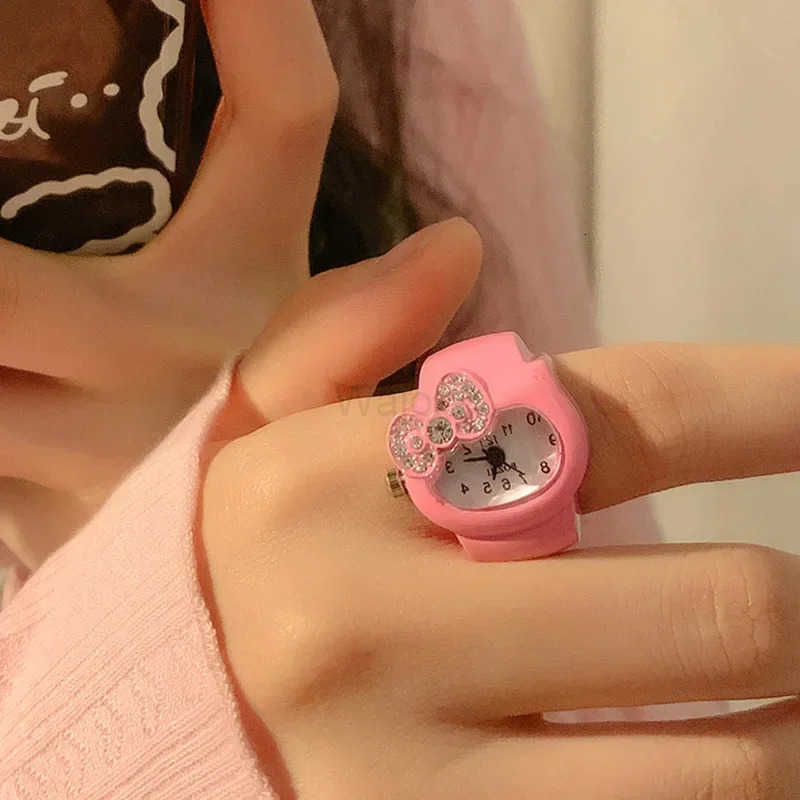 2pcs Sanrio wholesale Kawaii Hello Kitty Watch Ring Cute Kt Cat Bow Rhinestone Clock Ring Watch Girls Ornaments Children Toys Gifts L250918