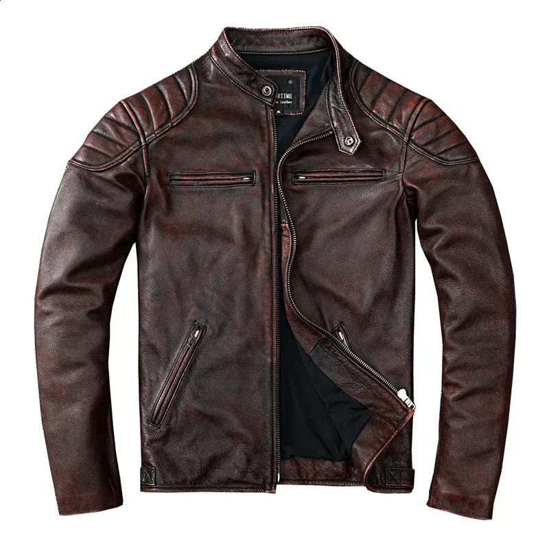 Vintage Style Mens Cowhide Clothes Biker Genuine Leather Jacket Fashion Brown slim coat men y250918