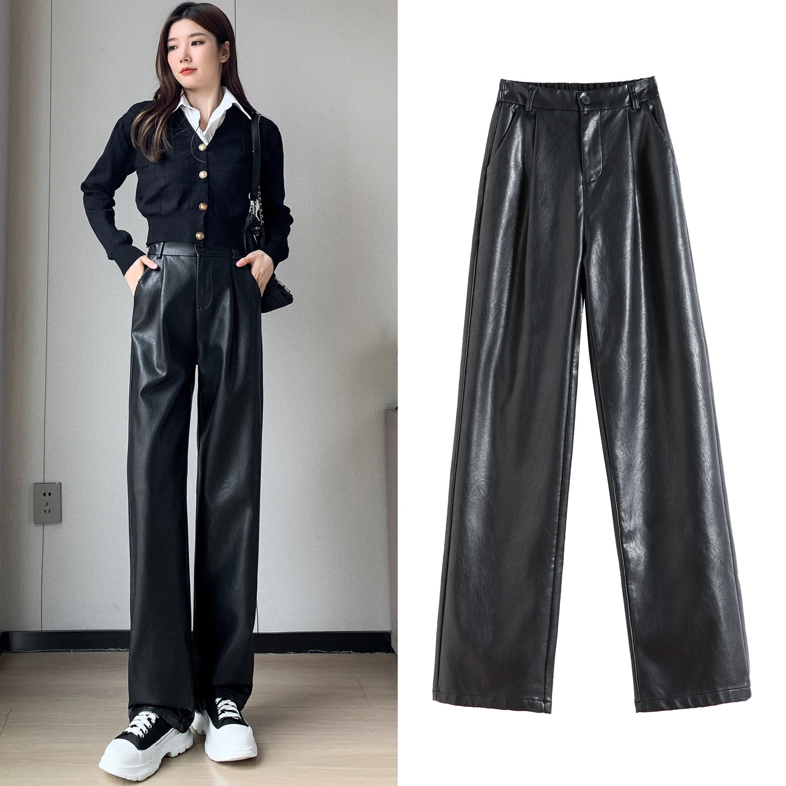 Autumn Winter Leather Pants For Women Korean Fashion Wide Leg Loose Black Trousers Woman High Waisted Pantalones 250917
