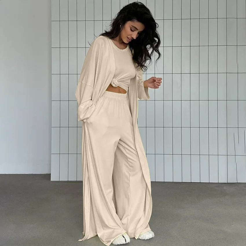 Women Fashion Lounge Set Vintage 3 Piece Outfit Spring Autumn O Neck Waist Tie TshirtElastic Waist Pants Long Sleeve Crop Tops 250918