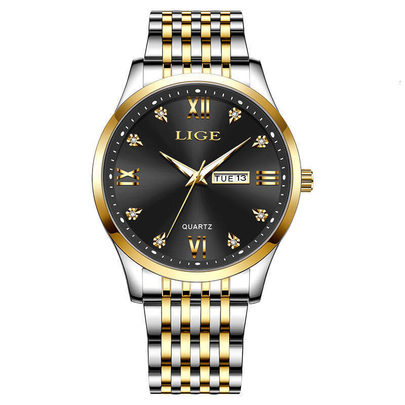 LIGE Business Simple Large Dial Men's Waterproof Luminous Dual Calendar Steel Band Quartz Watch