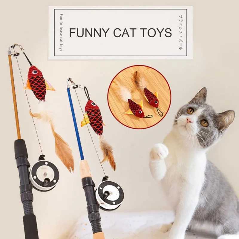 Retractable Cat Toy Fish Type Telescopic Feathers Funny Cat Stick Toys Pet Toy for Kitten Cat Rods Simulation Fishing Rod X250918