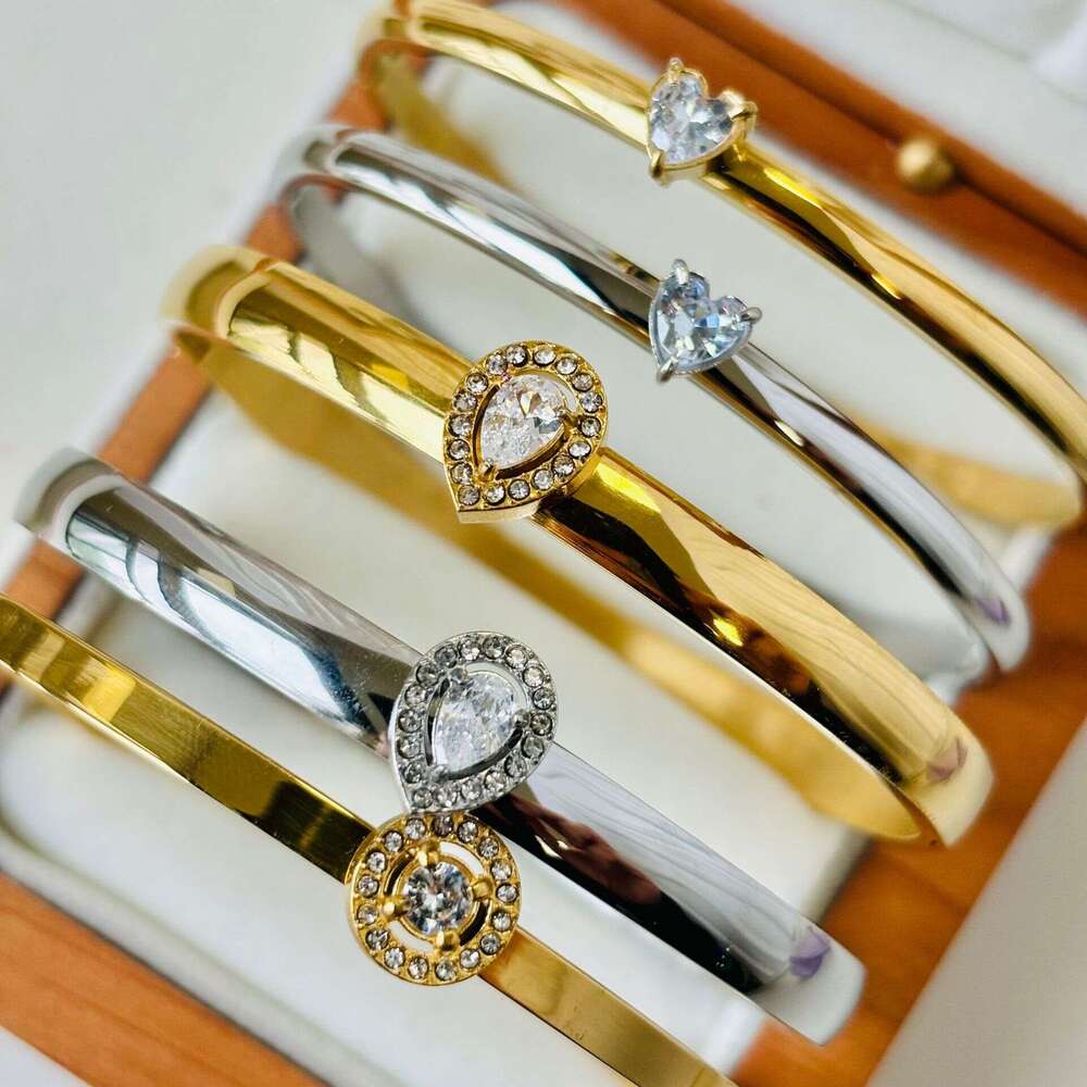 Hot Selling Stainless Steel Water Drop Zircon Round Heart Smooth Clasp Bracelet Waterproof Non-Fading Wristband ddmypluto