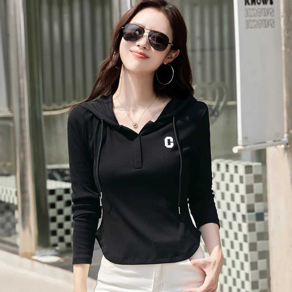 Green hooded long sleeved tshirt womens autumn and winter half zipper embroidered sports shirt casual plus size short topZ250918