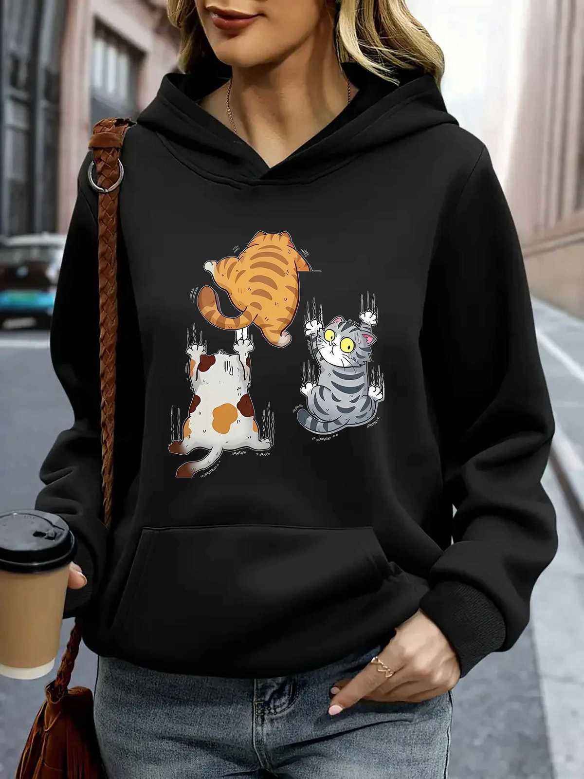 2025 Womens Cute Cartoon Cat Print Hoodie Casual Sporty Pullover Sweatshirt Autumn Winter Warm Pullovers Casual HoodieZ250918