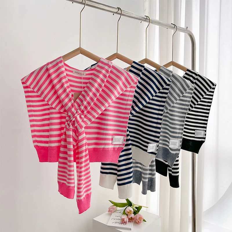 Korean Striped Knitted Warm Shl Winter Fem Blouse Shoders Fake Collar Neck Protection Ce Knotted Scarf Stripe Outerwear Y250918