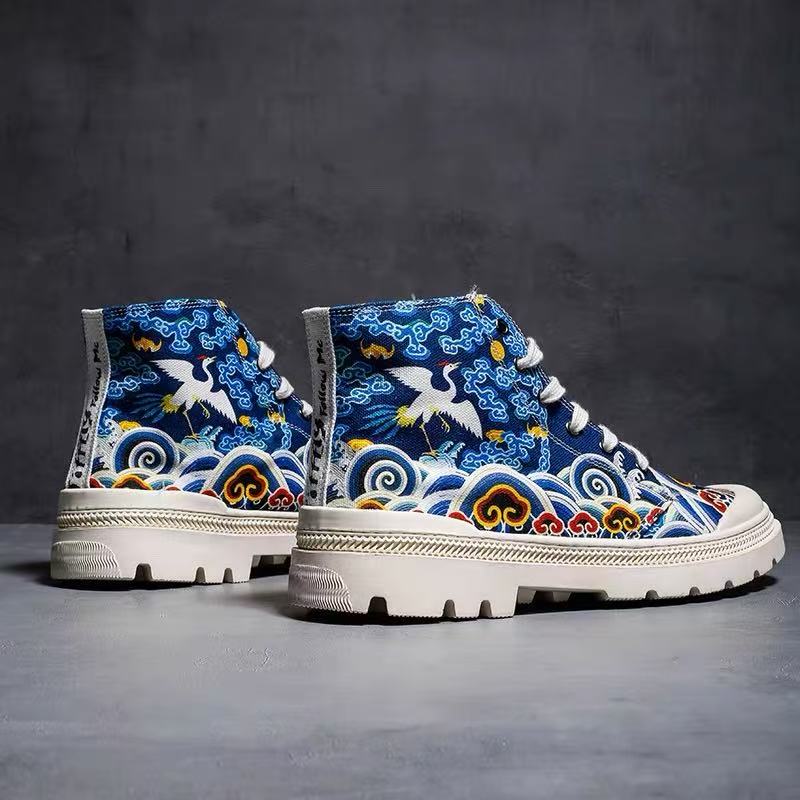 Jifffly High-Top Sneakers Trendy Chinese Canvas Shoes Men's Ethnic Style National Trend Cloud Crane Nine Skies