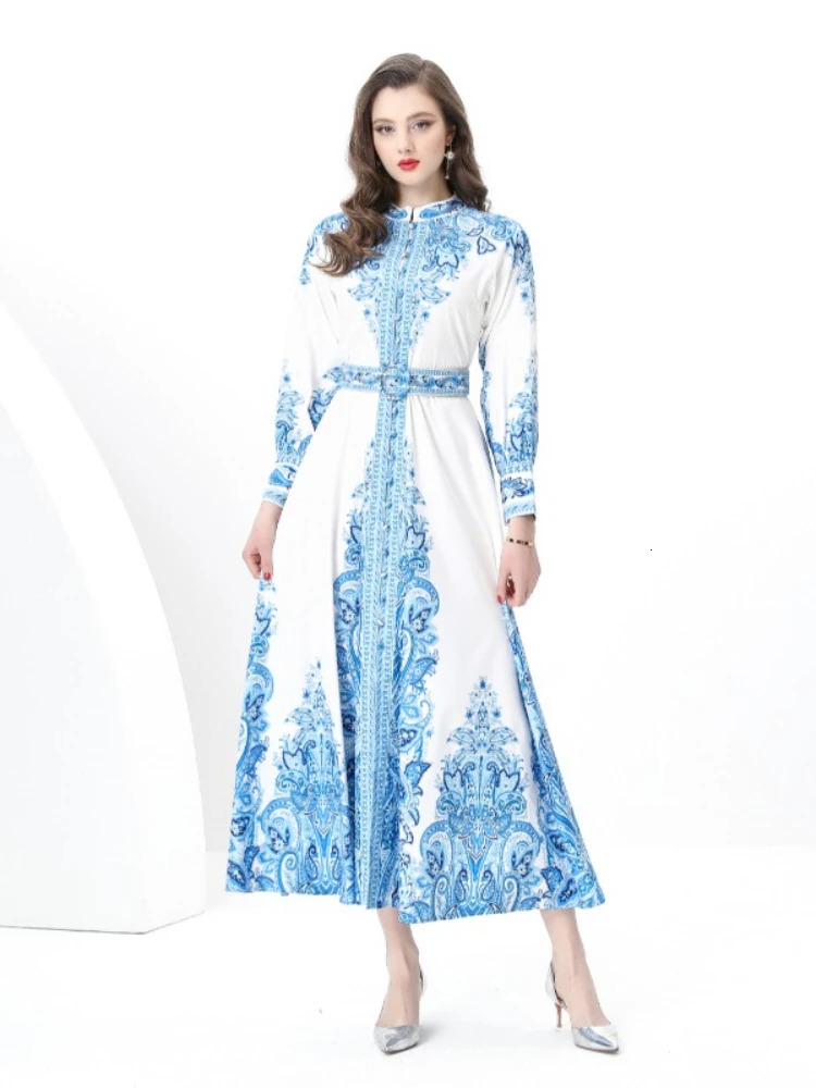 Spring France Elegant Vintage Evening Dress Women Print Sashes Button Long Party Dress Female Festival Clothing 250917