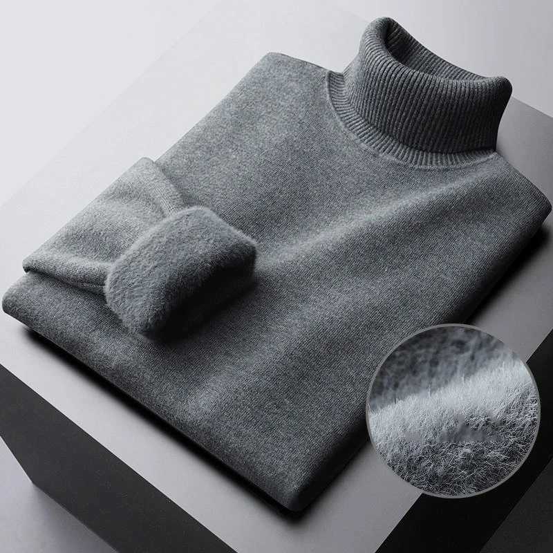 WeFine Autumn Winter Mens Turtleneck Sweater Knitted Warm Velvet Long Sleeve Casual Pullover Outdoor ColdProof Base SweaterZ250918