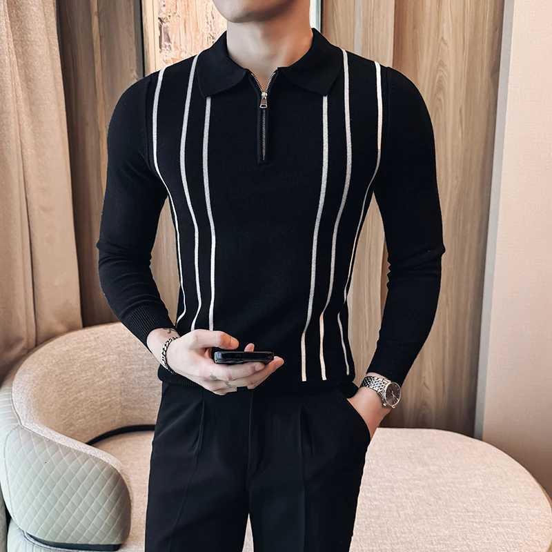 Autumn Winter Striped Sweater Men Quality Fashion Zipper Turn Down Collar Long Sleeve Mens Casual Sweaters Slim Fit Pull HommeZ250918