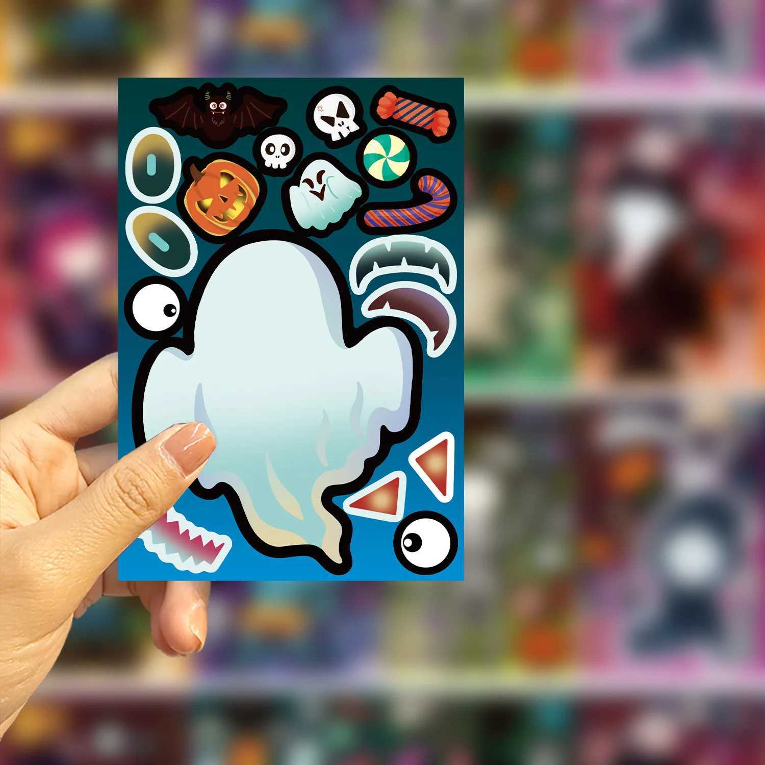 8Sheets Cartoon Halloween Party Puzzle Stickers MakeAFace DIY Assembly Childrens Puzzle Account Material Waterproof Stickers C250918