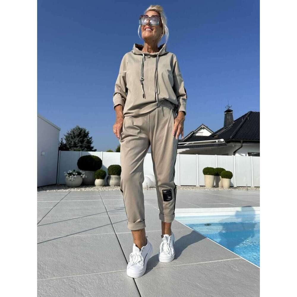 2025 Autumn Winter New European and American Cross-Border Women's Solid Color Round Neck Sleeve Ribbon Splicing Long Pants Set for Women