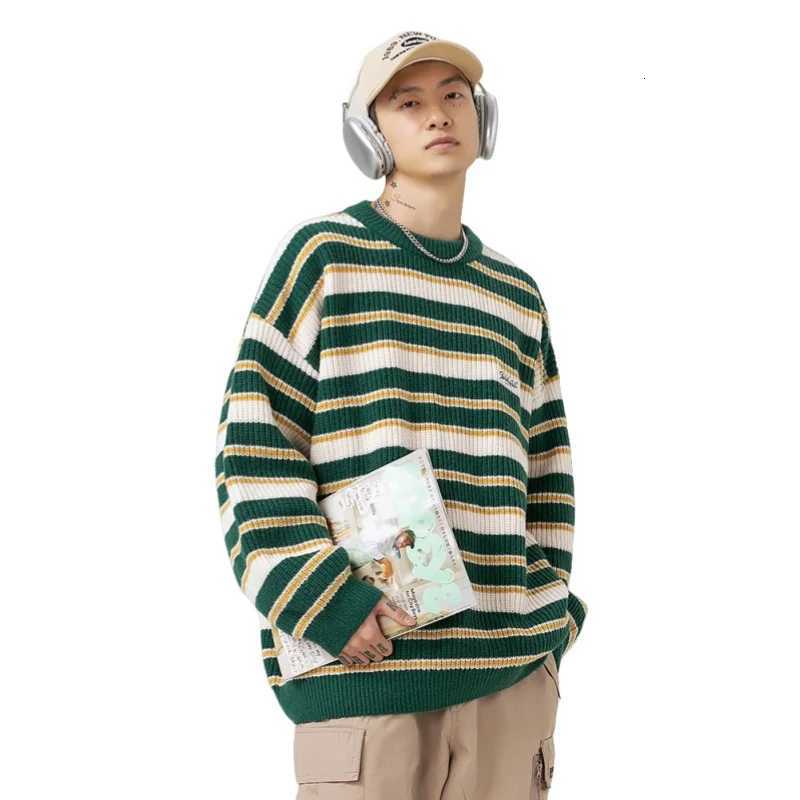 Autumn Winter Sweater Men Retro Contrasting Striped Knitwear Embroidery Loose Round Neck Long Sleeve Knitted Sweater JacketZ250918
