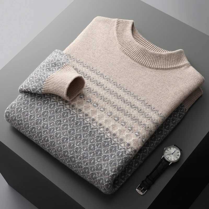 Mens Sweater Pullover Long Sleeve 100 Pure Woolen Sweater AutumnWinter New Half High Collar Jacquard Knit Thickened Casual TopZ250918