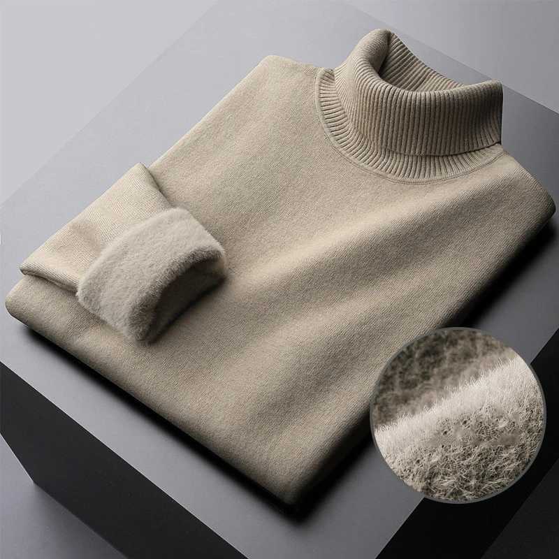 WeFine Autumn Winter Mens Turtleneck Sweater Knitted Warm Velvet Long Sleeve Casual Pullover Outdoor ColdProof Base SweaterZ250918