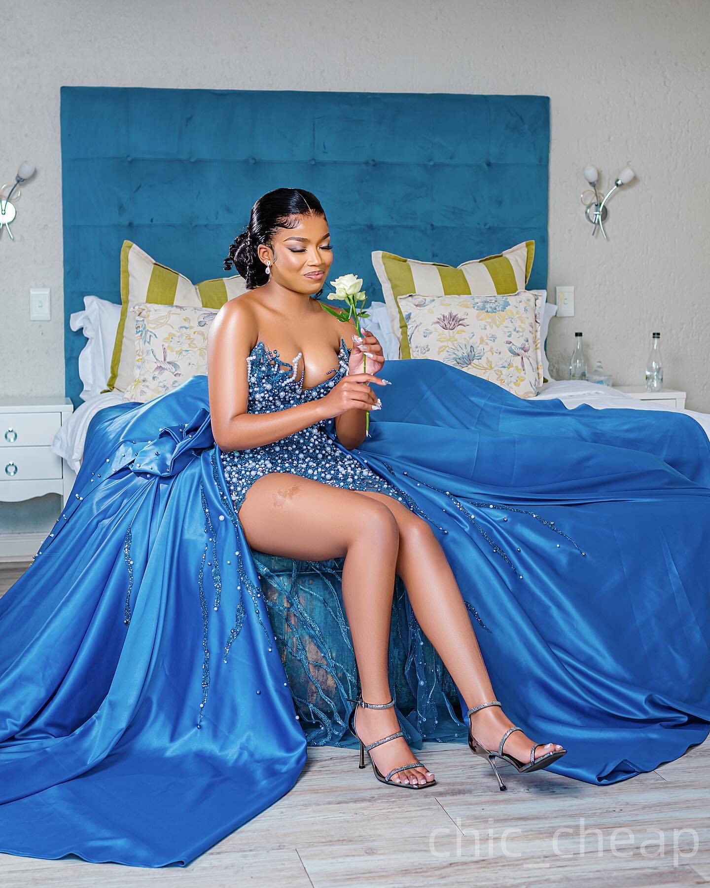 Blue Sheath Prom Dresses 2025 Beaded Pearls Detachable Train Evening Formal Party Second Birthday Engagement Gowns Plus Size Dress For Special Occasio