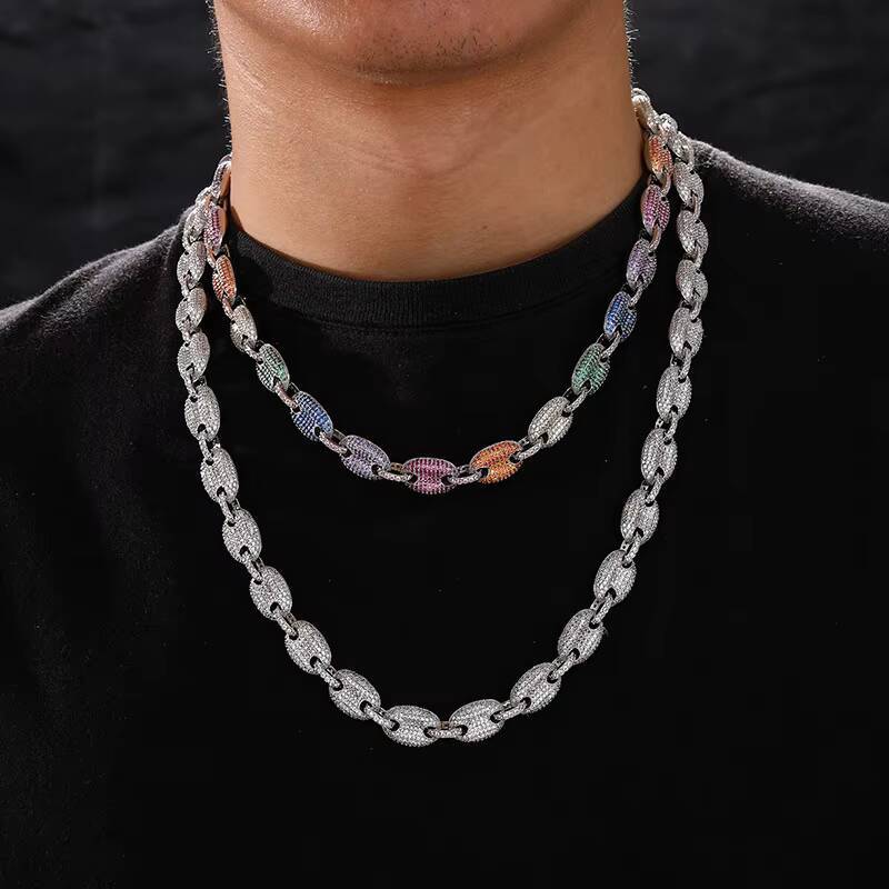 Hip Hop 10MM Full Iced Out Moissanite Coffee Bean Necklace 925 Silver Diamond Micro Pave Link Chain Necklace