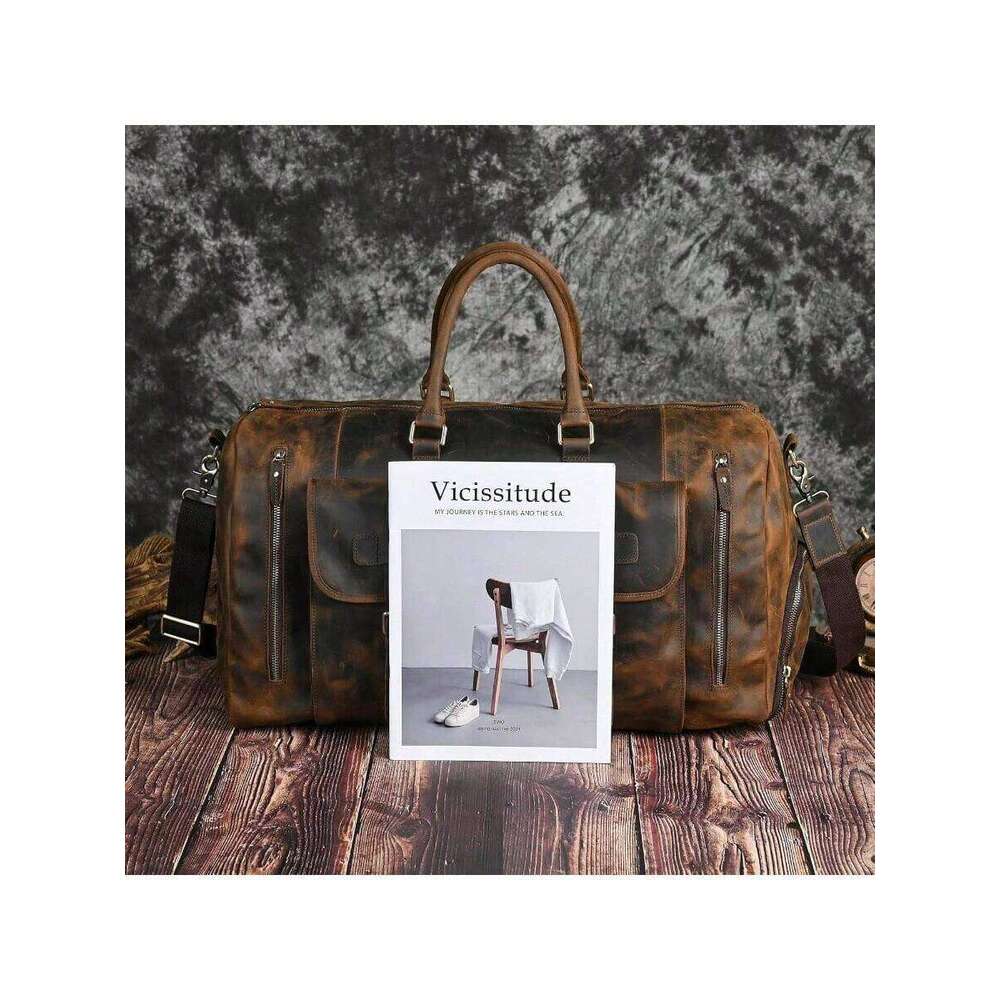 Resistant Canvas+ Leather Travel Lage Tote Duffle Gym Suitcase Weekender Overnight Bag Men Male FB8151 A - Brown