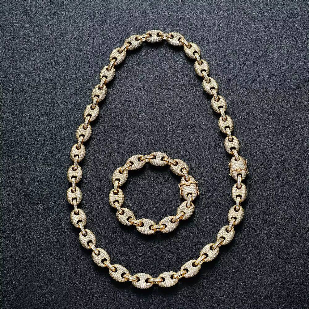 Wholesale 12mm Full Iced Out Coffee Bean Gold Chain Lad Diamond Pig Nose HipHop Necklace