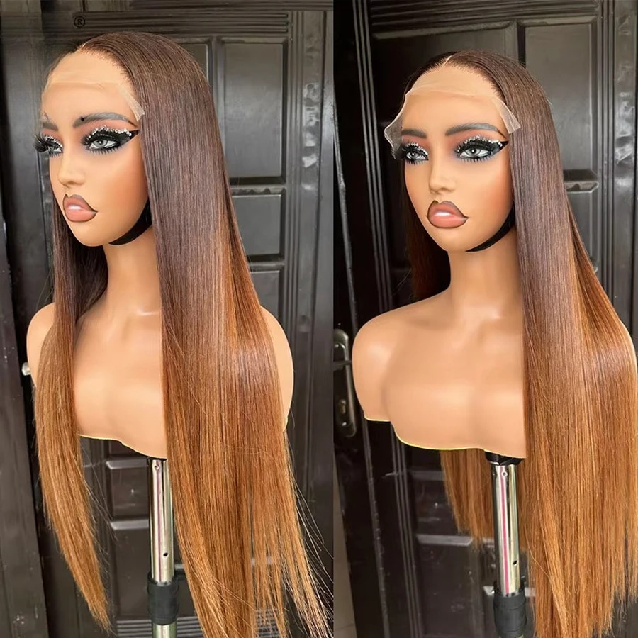 Ombre Brown Wig 200 Density 13x4 13x6 HD Lace Frontal Wig Bone Straight Human Hair Wigs Transparent 30 40 Inch Brazilian Hair Glueless Pre plucked