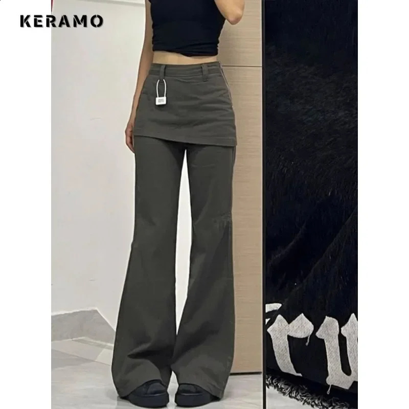 Harajuku Patchwork High Waist Flared Jeans Female Retro Green Y2K Pants Hight Street Womens Vintage Solid Color Denim Trouser Z260313