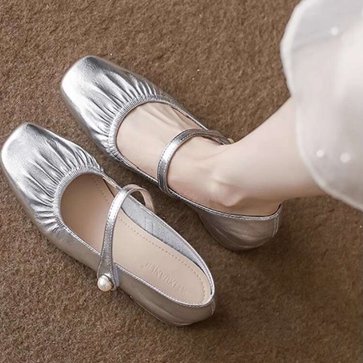 Silver Shallow Mouth Single for Women 2025 Spring New Wrinkled Square Toe French Evening Style Chunky Heel Mary Jane Shoes