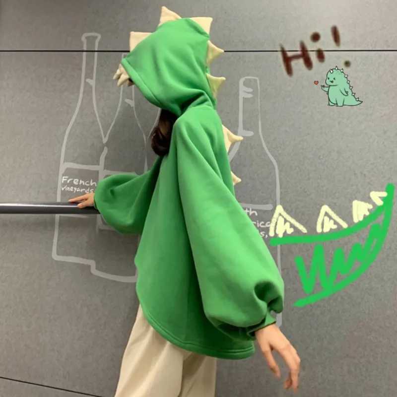 Autumn Women Cartoon Dinosaur Horn Cap Hoodies Harajuku Sweatshirts Cute Front Short Back Long Halloween Dragon Shape PulloversZ250918