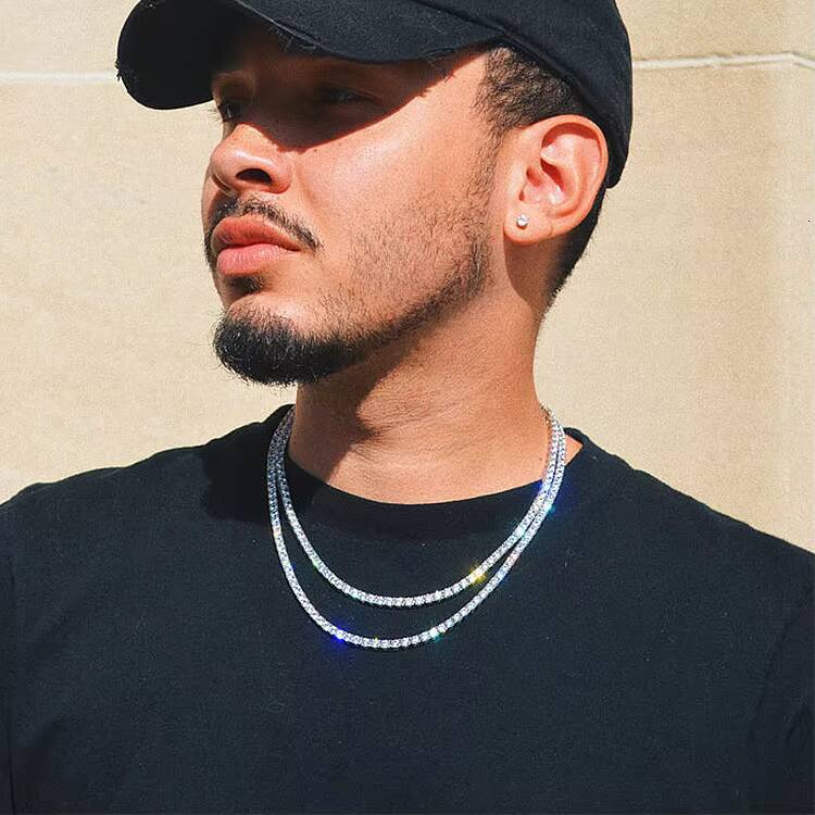 Hiphop Luxury 925 Sterling Silver Tennis Necklace with VVS Moissanite Diamond Baguette Chain 3mm 4mm 5mm Sizes Gold Finish