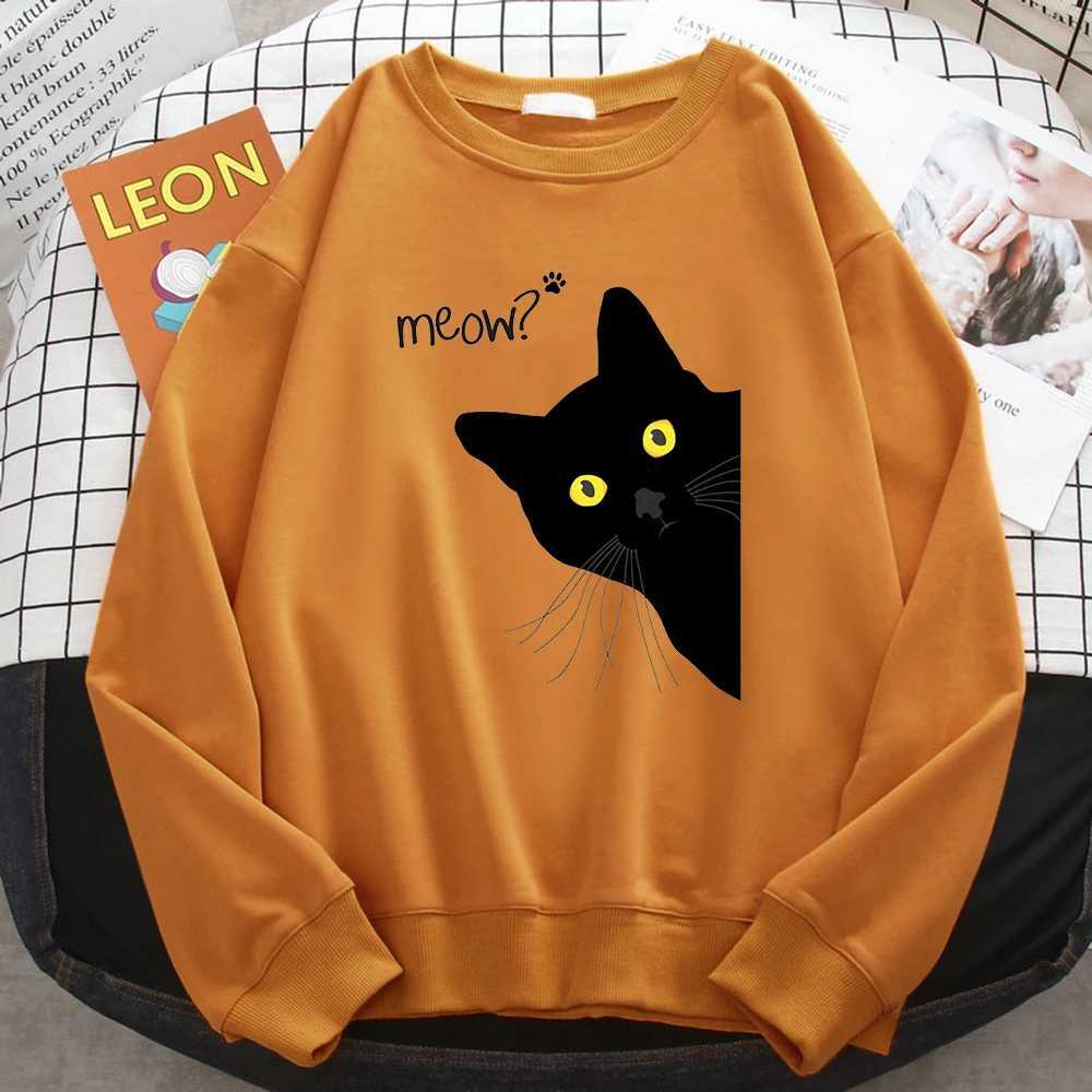 Winter Harajuku Woman Sweatshirt Meow Black Cat Printing Hoodies Comfortable AllMath Pullover Crewneck Loose Female ClothesZ250918