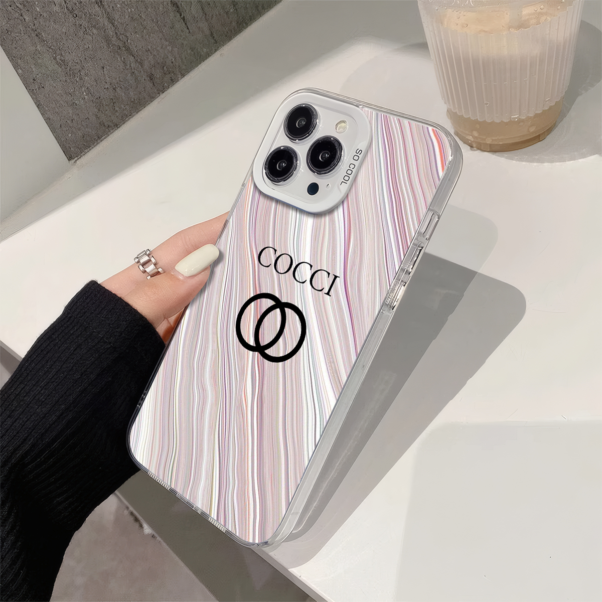 Luxury Designer Phone Case with Marble - Like Striped Pattern & "COCCI" Logo, Compatible with iPhone 11 - 16, Stylish Protective Cover