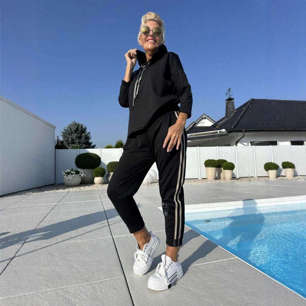 2025 Autumn Winter New European and American Cross-Border Women's Solid Color Round Neck Sleeve Ribbon Splicing Long Pants Set for Women