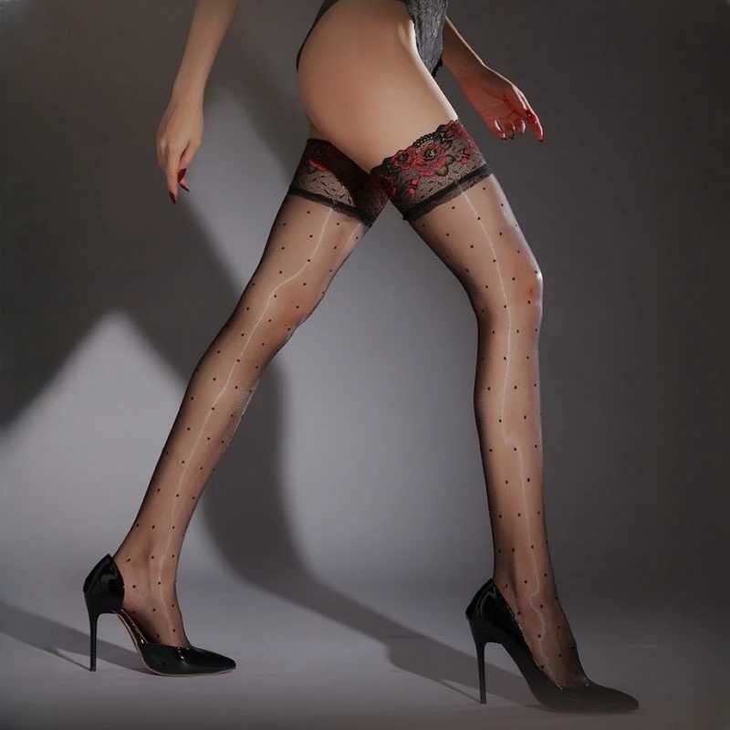 Polka Dots JK Lolita Cosplay Party Medias Women Sexy Oil Shiny Lace Top Thigh High Stockings Ultrathin Transparent Underwear W250918