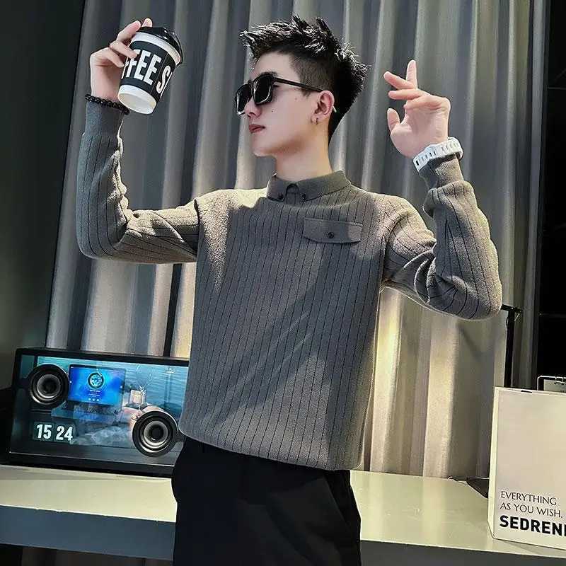 Base Sweater Long Sleeve Casual Trendy Slim Striped Handsome Winter Mens Sweater POLO Collar TopZ250918
