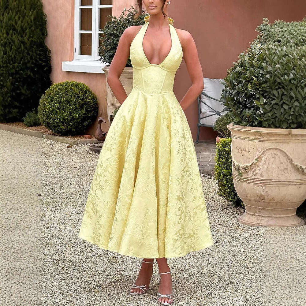 European and American Cross-Border V-Neck Halter Jacquard High-End Evening Spring Summer Elegant Sleeveless Backless Waist-Cinching Long Dress