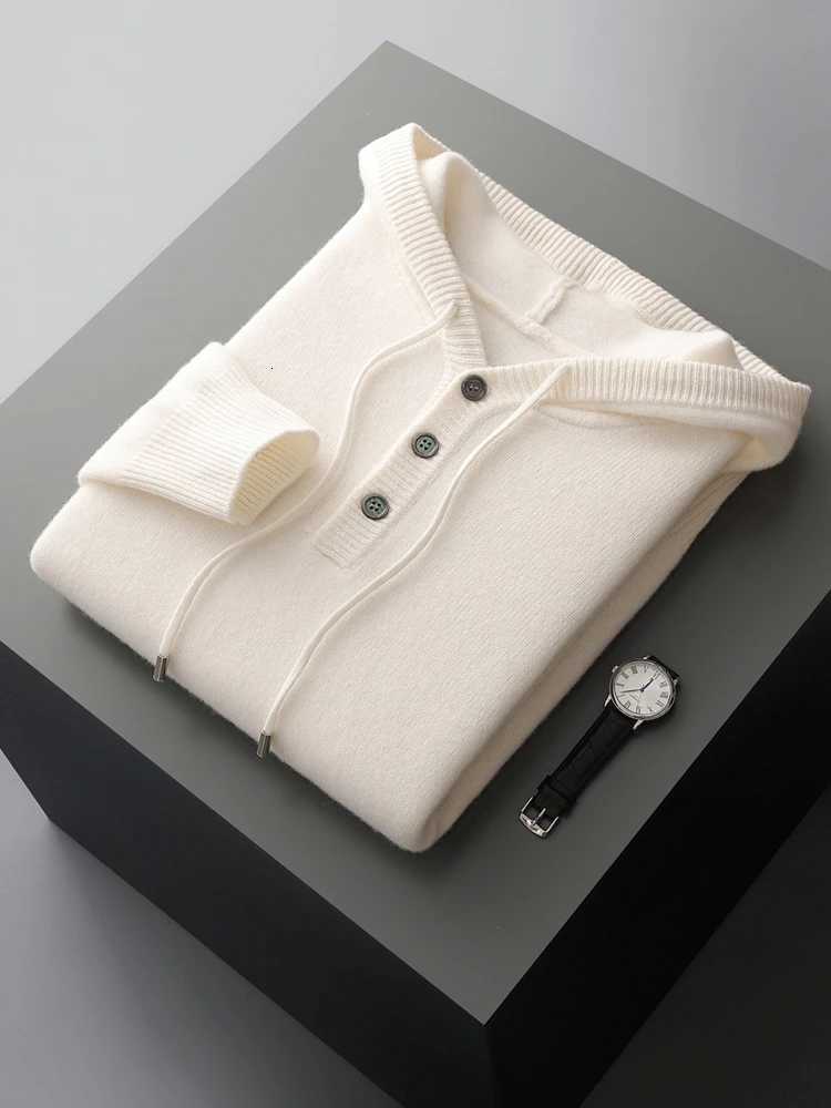 100 Merino Wool Sweater Men Hooded Pullover Autumn Winter 3 Buttons Classic Casual Knitwear Drawstring Solid Thick Clothing TopZ250918