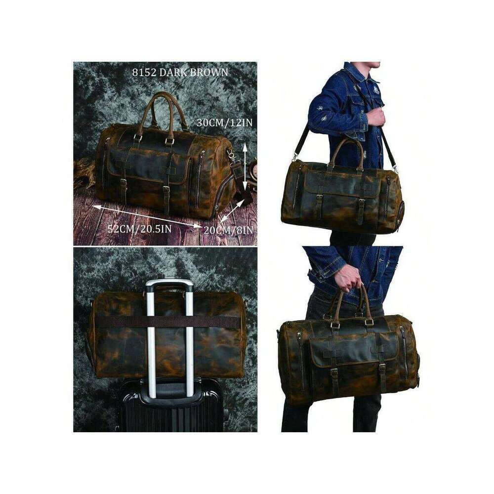 Resistant Canvas+ Leather Travel Lage Tote Duffle Gym Suitcase Weekender Overnight Bag Men Male FB8151 A - Brown