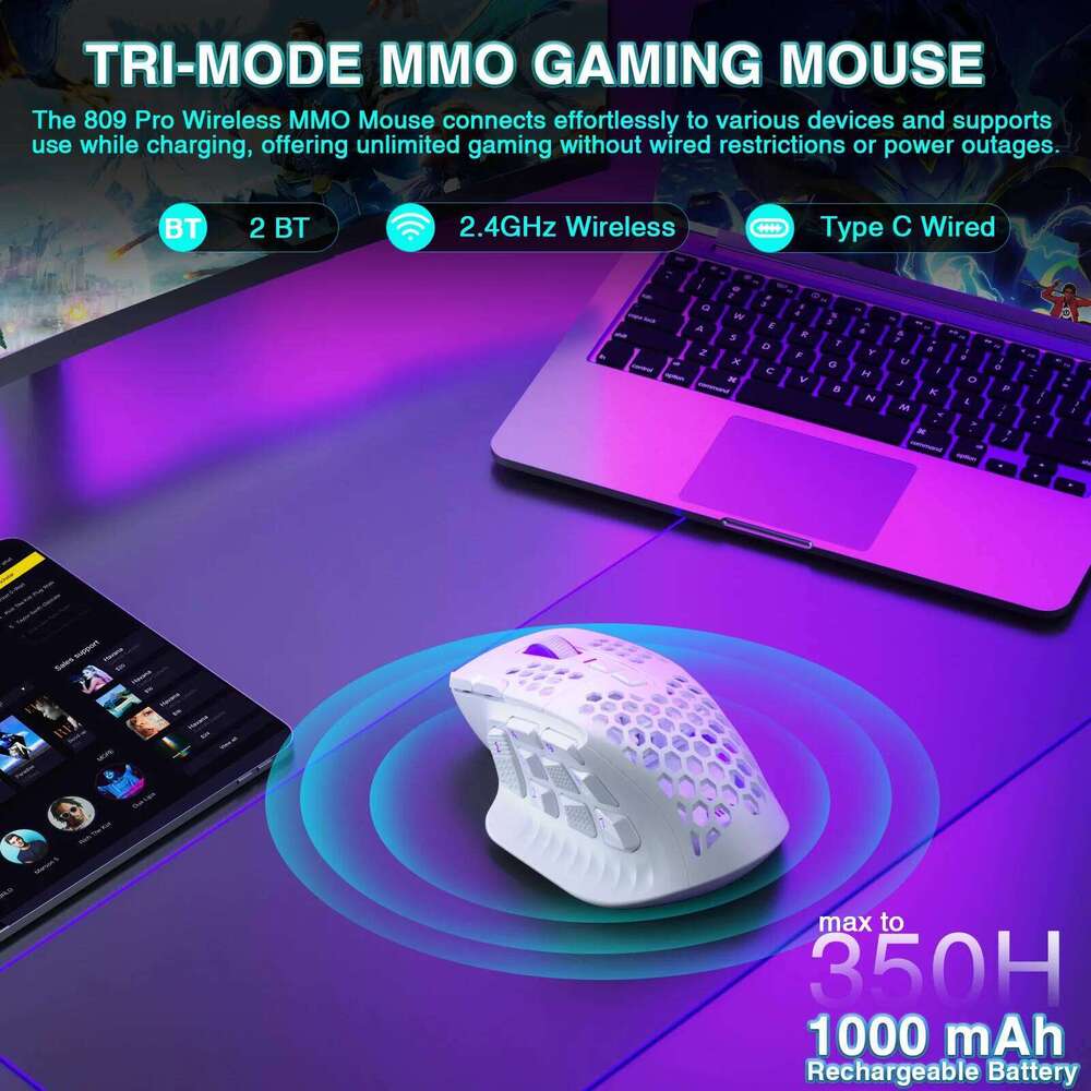 SOLAKAKA Sm809 Pro MMO Gaming Mouse Paw3311 16 Side Buttons 24000 DPI RGB Honeycomb Programmable Ro Wireless Mouse