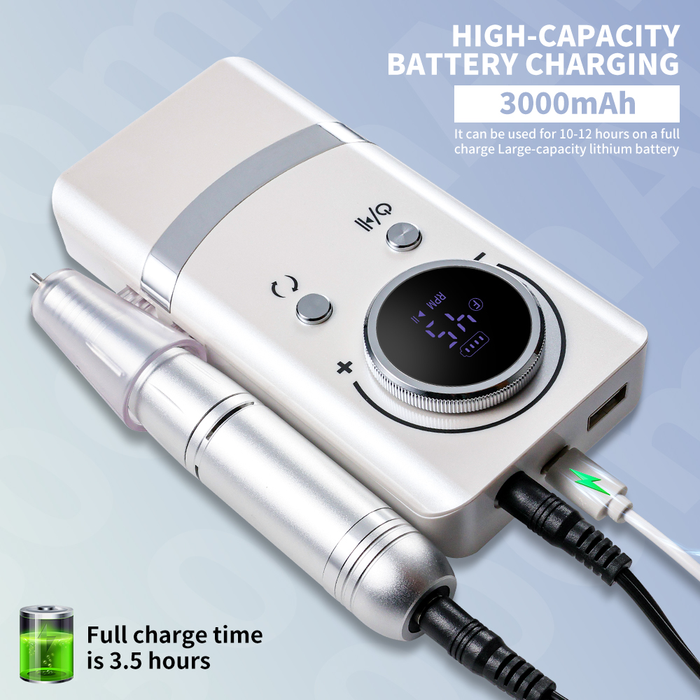 Professional Electric Nail Drill, 45000 RPM Cordless Rechargeable E-File Machine, with 12 Bits, Sanding Bands, LCD Display for Acrylic Gel Nails (DMJ-