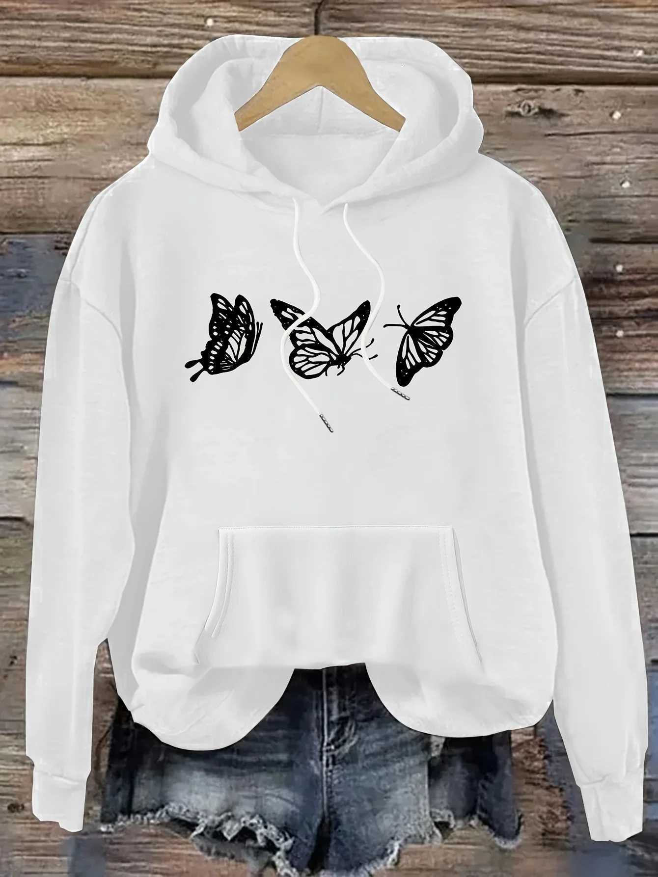 Butterfly Print Hooded 2025 Autumn Winter Sweatshirt Women Casual Style Pullover Soft Fabric Long Sleeves ClothingZ250918