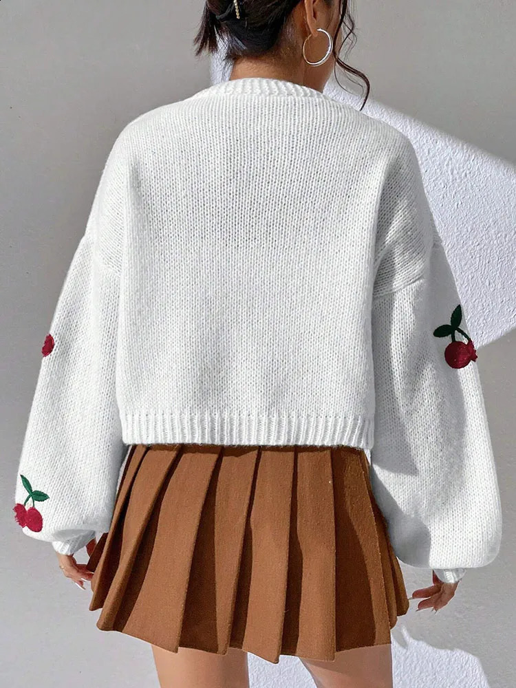 Fashionable low shoulder cherry embroidery pattern cardigan sweater womens loose jacket knitted sweater 250918
