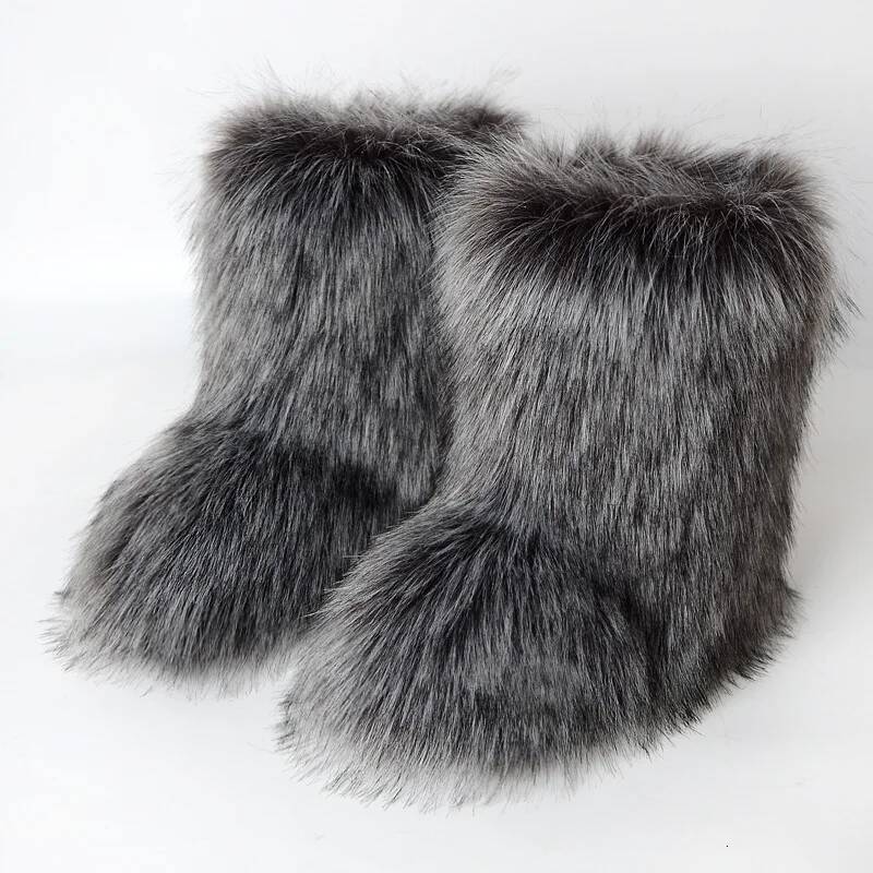 Women Faux Fur Winter Fluffy Plush Warm Mid Calf Snow Fashion Furry Boots Comfortable Outdoor Flat Shoes ddmypanda