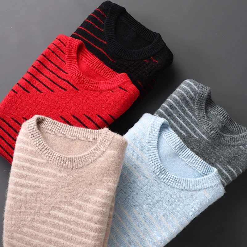 100 Merino Wool Sweater Mens Oneck Jacquard Stripe Pullover Autumn Winter Smart Casual Long Sleeve Jumper Cashmere Thick TopZ250918