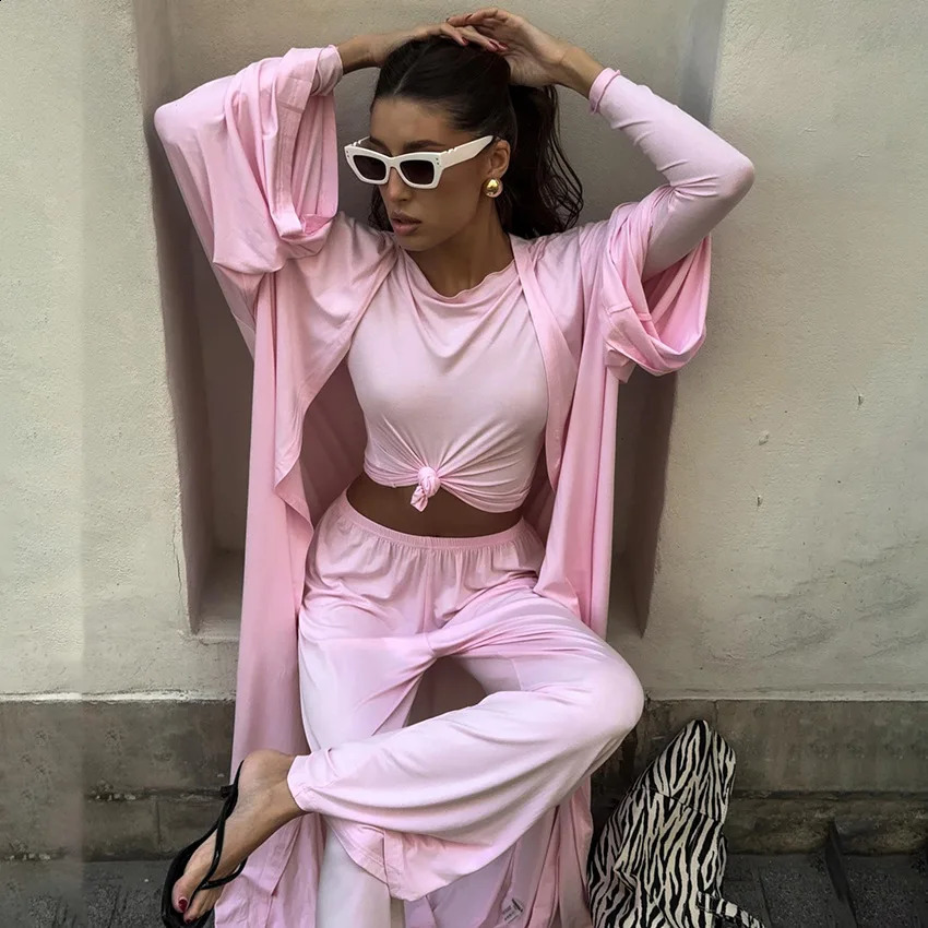 Women Fashion Lounge Set Vintage 3 Piece Outfit Spring Autumn O Neck Waist Tie TshirtElastic Waist Pants Long Sleeve Crop Tops 250918