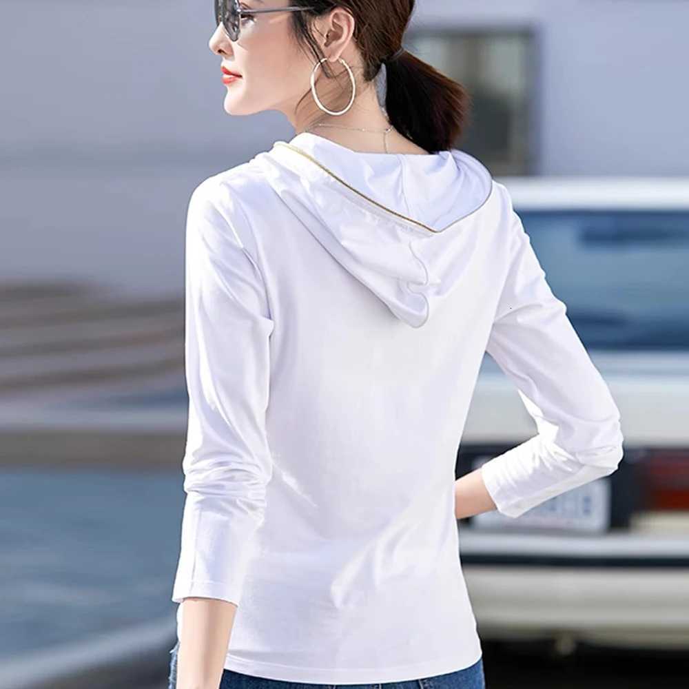 Womens 2024 new spring and autumn long sleeved hooded rose red top womens plus size tshirt thin cut hooded zip chain trendyZ250918